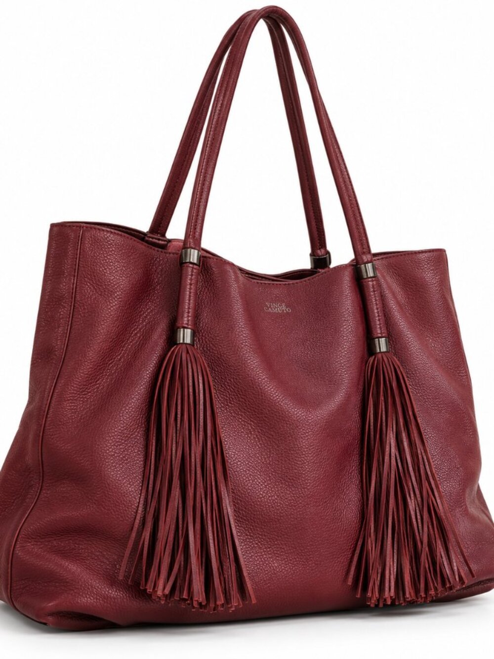 Vince Camuto Burgundy Leather Slouchy Fringe Tote Bag Shoulder Purse Western Zip